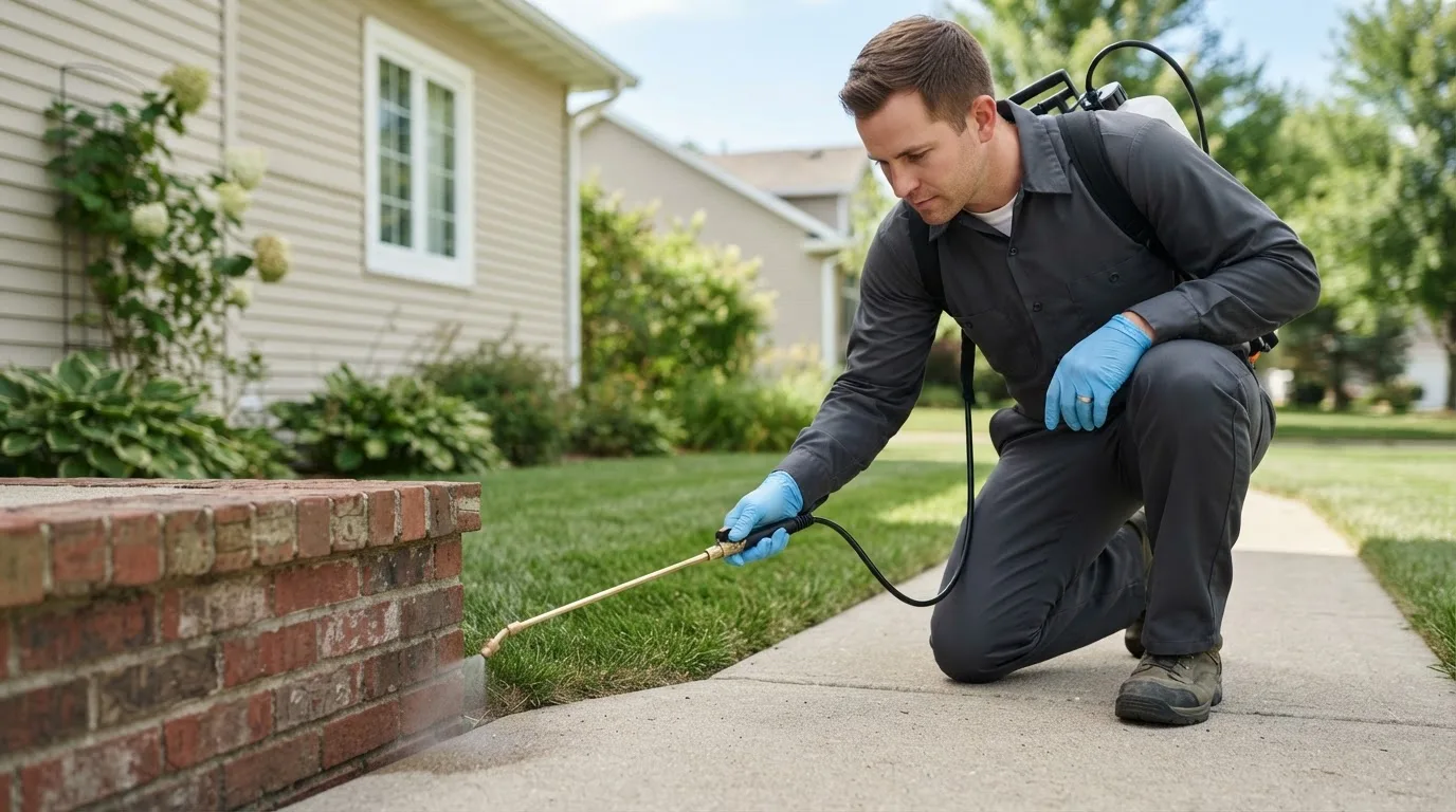Pest control technician treating a home near Elma, IA