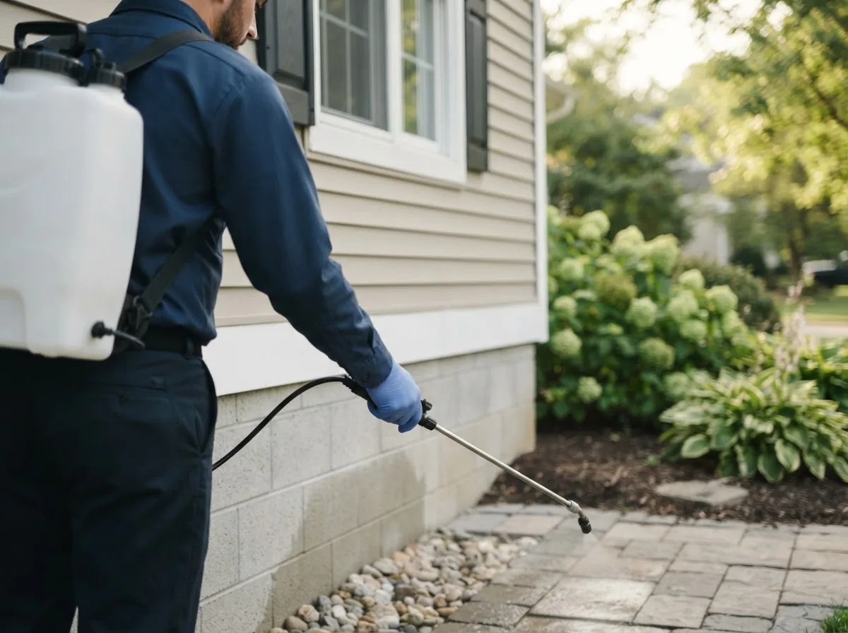 Pest control technician inspecting a home in Elma, IA